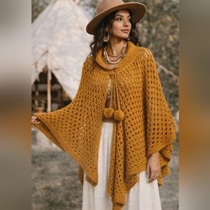 Vintage Handmade Crochet Poncho Sweater Mustard Boho Open Knit Pom Pom